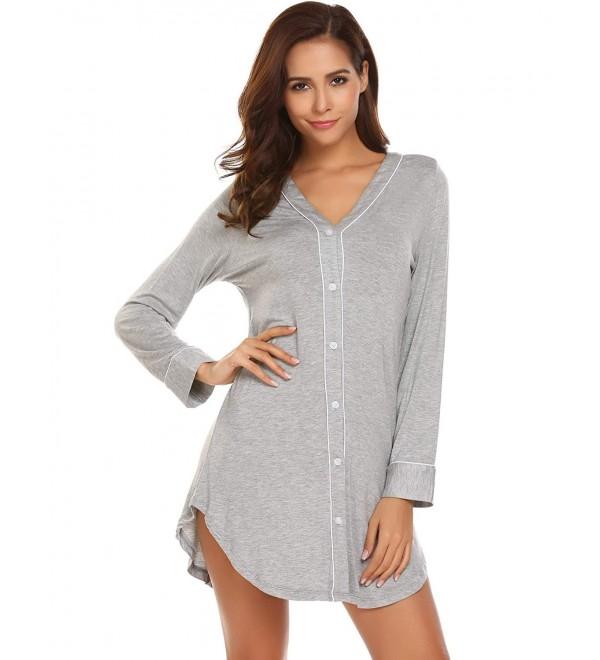 Sleep Shirt Dress Womens Pajama Button Down Contrast Color V-Neck ...