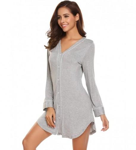 Sleep Shirt Dress Womens Pajama Button Down Contrast Color V-Neck ...