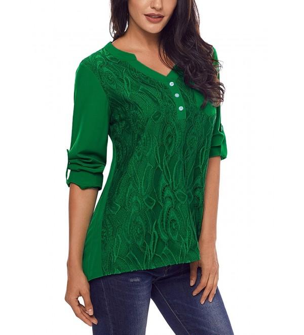 Women Button V Neck Cuffed Sleeve Floral Lace Panel Tops Casual Blouses ...