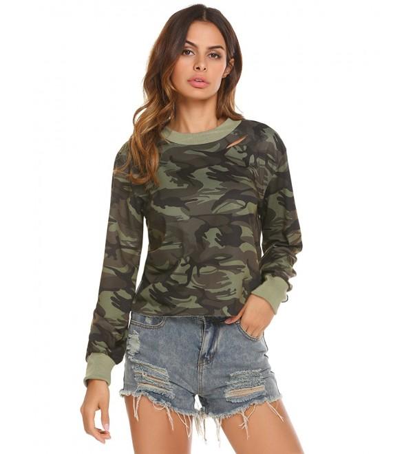Women's Spring Long Sleeve Camo Print Distressed Crop T-Shirt - Army ...