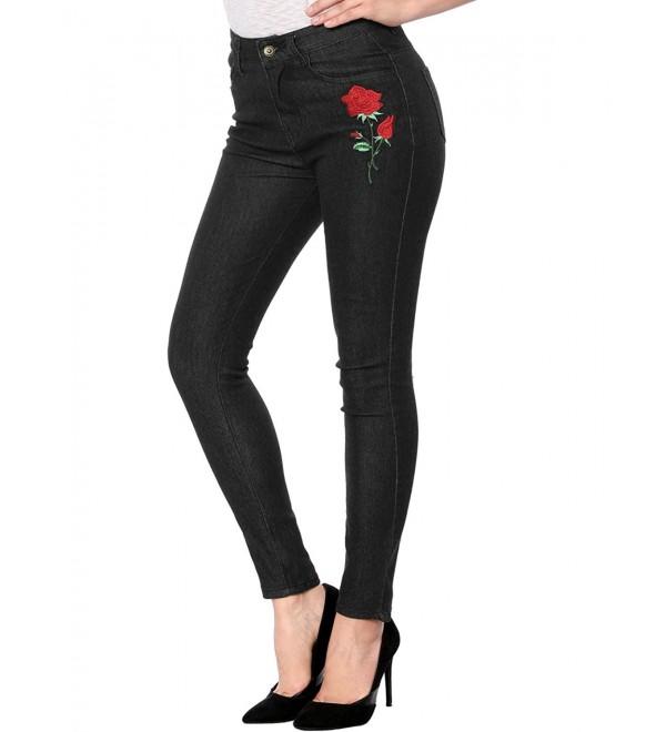 Women's Rose Floral Applique Slim Skinny Valentine's Day Denim Jeans ...