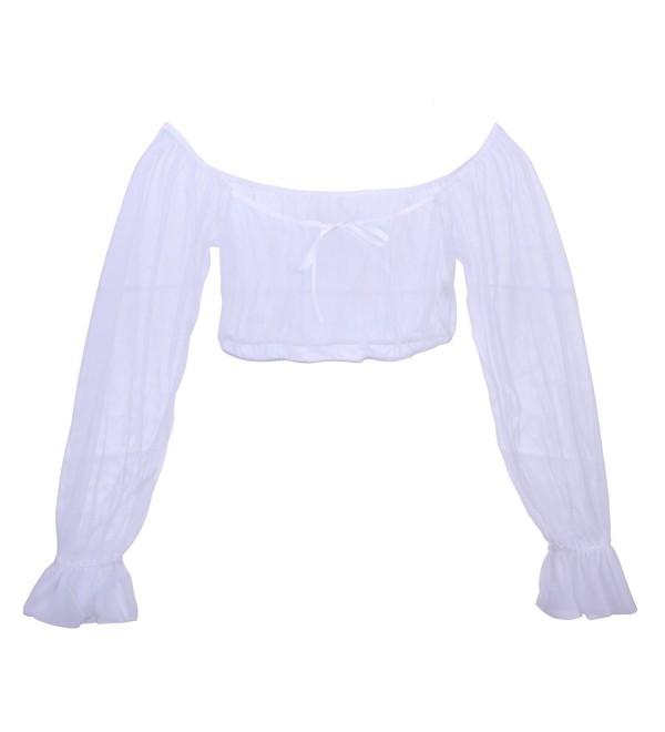 TM Sheer Long Sleeve Wench Corset Peasant Crop Top - White - CD11T7AREPJ