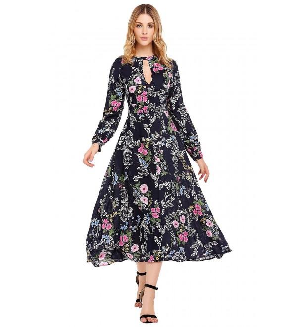 Women Keyhole Neck A Line Floral Print Long Maxi Dress - Pattern2 ...