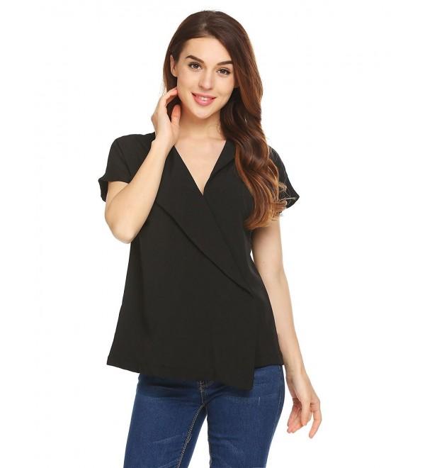 Women's Lapel V-Neck Short Sleeve Faux Wrap Solid Color Blouse Top ...