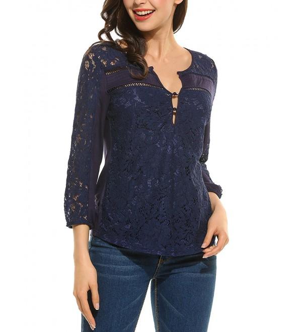 Women Casual V-Neck 3/4 Sleeve Floral Lace Button Blouse Tops - Navy ...