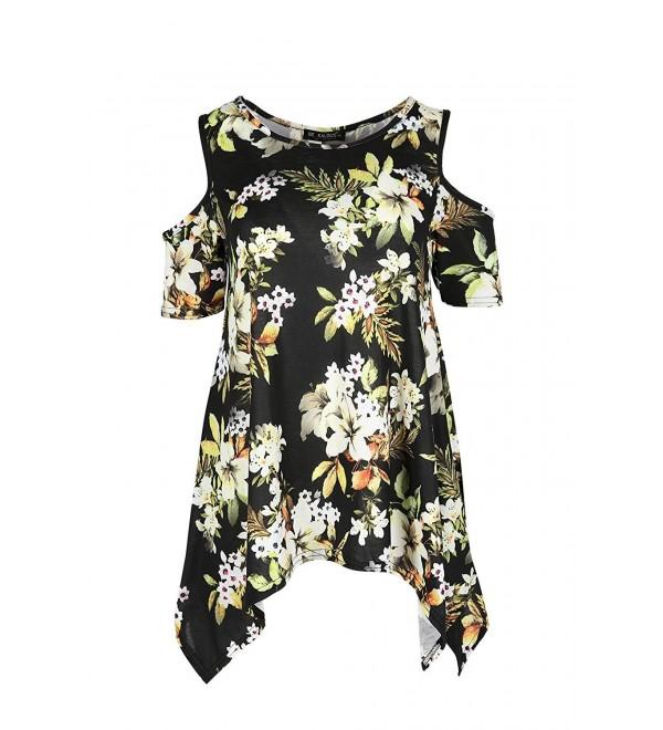 Women's Hanky Hem Summer Floral Baggy Oversized Cold Shoulder Top ...