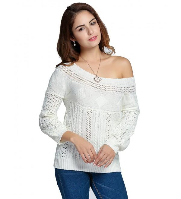 Women Off Shoulder Long Sleeve Hollow Out Cable Knit Pullover Sweaters ...