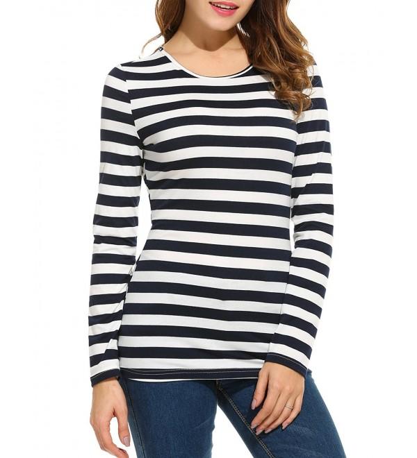 Women Striped Long Sleeve Round Neck Slim Fit Casual Blouse - Navy Blue ...