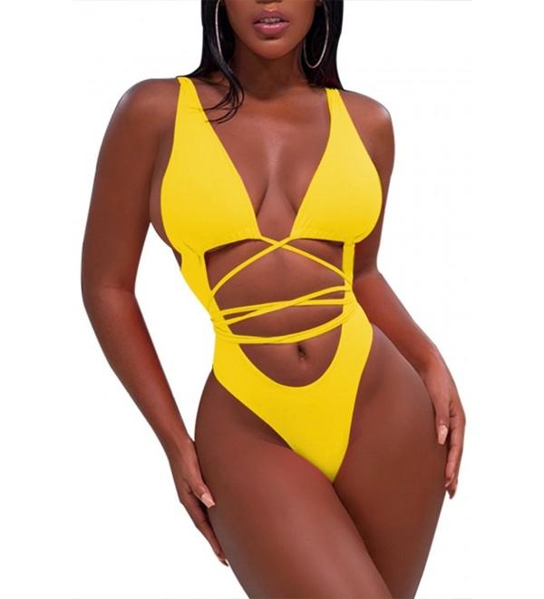 Women One Piece Swimsuit Yellow Small