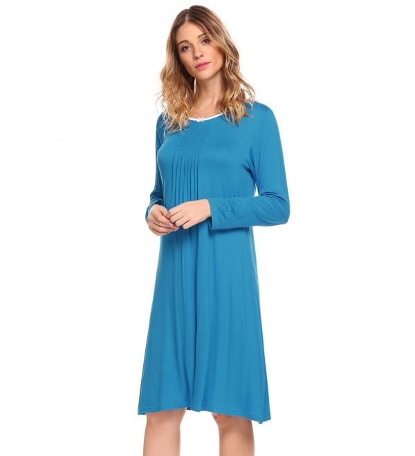 Women's Cotton Nightgown Sleepwear Long Sleeves Nightwear Dress - Blue ...