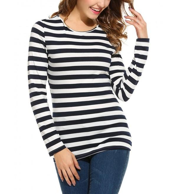 Women Striped Long Sleeve Round Neck Slim Fit Casual Blouse - Navy Blue ...