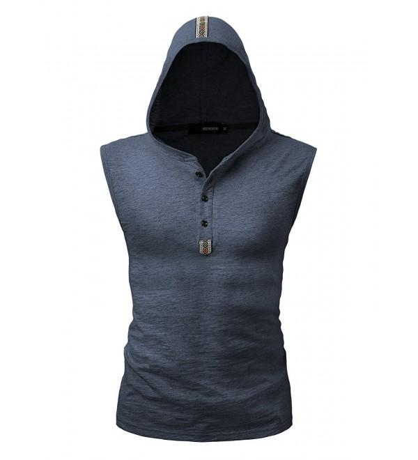 Men's Hooded Sports Henley Shirt Cotton Sleeveless Casual Tank Top ...