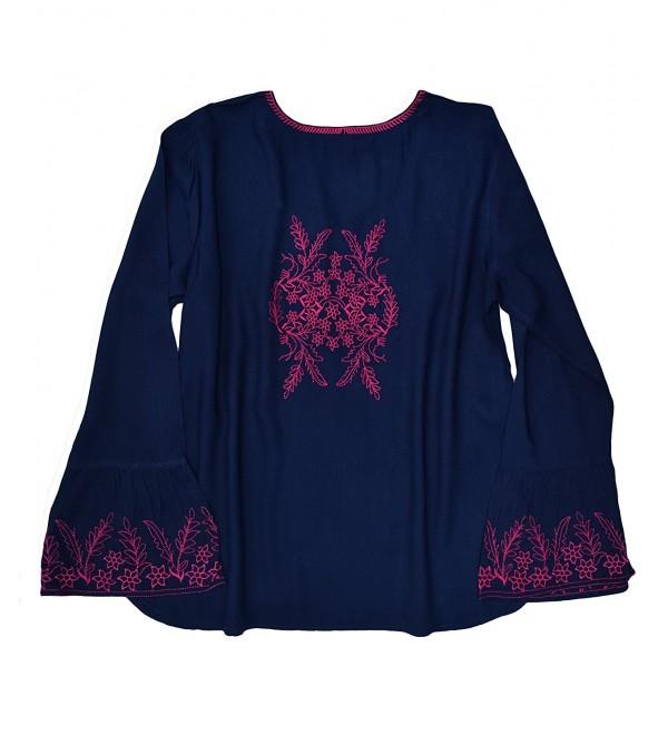 Viscose Rayon Embroidered- Bell Sleeves Tunic Top Bouse - Navy With ...