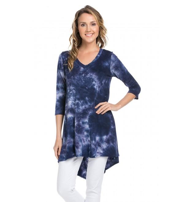 Womens 3/4 Sleeve Tie Dye V Neck Long Tunic Top - 8290-navy Purple ...