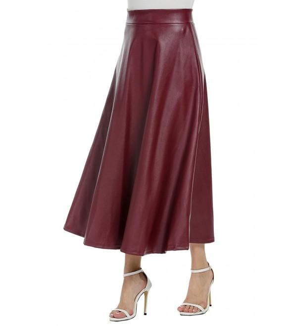 Women's PU Faux Leather High Waist Midi Swing Skirt - Wine Red ...
