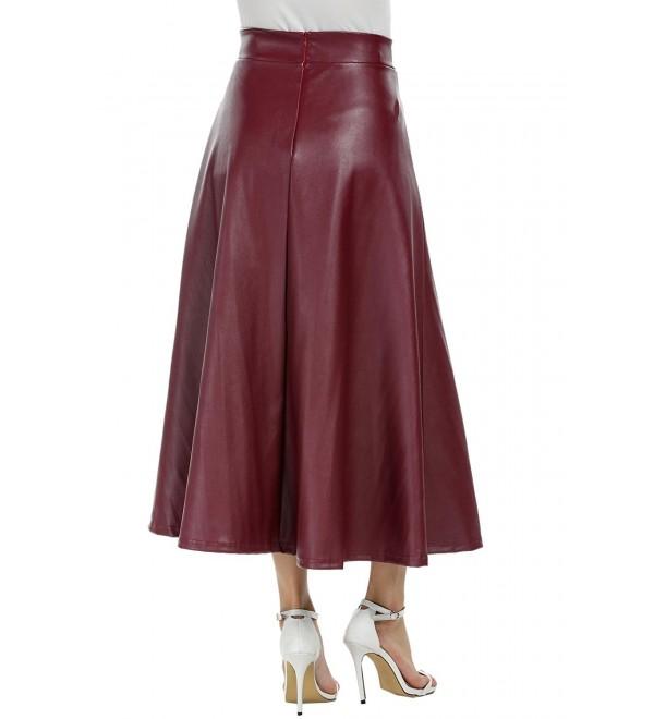 Women's PU Faux Leather High Waist Midi Swing Skirt - Wine Red ...