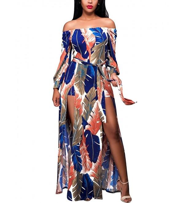 Women Tropical Leaves Print Off Shoulder High Split Long Beach Maxi ...