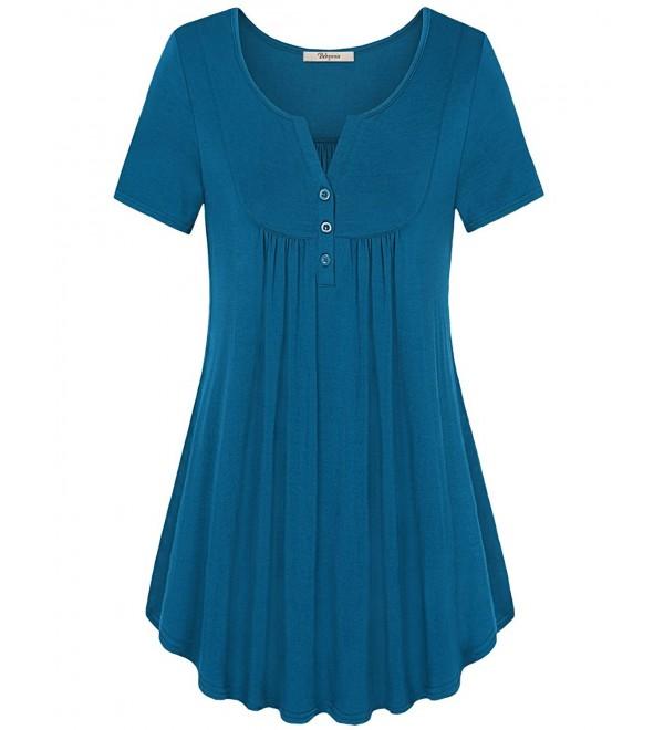 Women's Vintage Short Sleeve V Neck Pleated Tunic Shirt - Dark Cyan ...