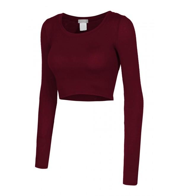 Womens Fitted Long Sleeve Crop Top with Stretch - L3nwt1073_burgundy ...