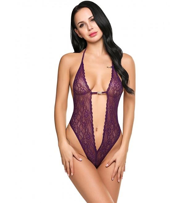 Yutdeng Lace One Piece Lingerie for Women Deep V Neck Backless Teddy Bodysuit See-through Hollow Out Babydoll Underwear Floral Lace Sleepwear