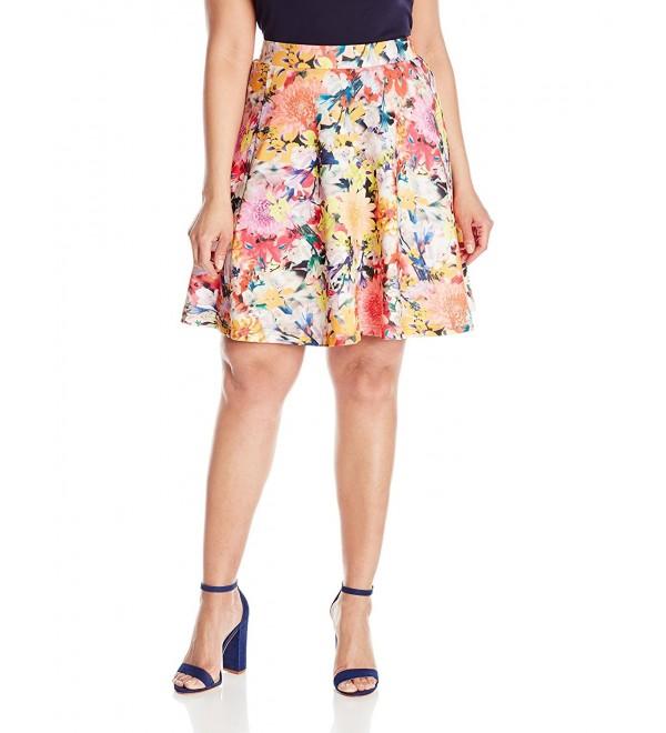 Women's Plus Size Printed Scuba Skater Skirt - Flower Blast - CE12C7IBBGV