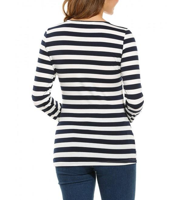 Women Striped Long Sleeve Round Neck Slim Fit Casual Blouse - Navy Blue ...
