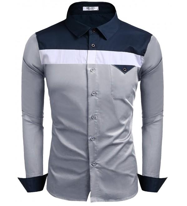 Mens Slim Fit Long Sleeve Dress Shirt Contrast Color Block Chest Pocket ...