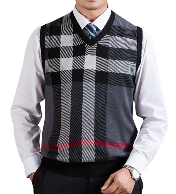 Men's V-Neck Plaid Knitwear Sweater Vest Waistcoat - Gray - CH12MOP4TN9