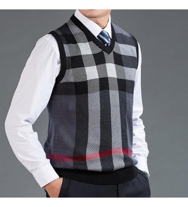 Men's V-Neck Plaid Knitwear Sweater Vest Waistcoat - Gray - CH12MOP4TN9