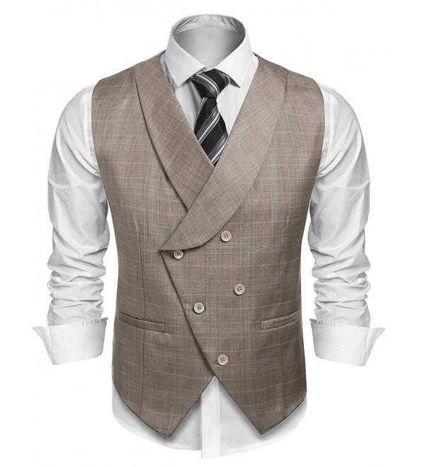 Men's Plaid Slim Fit Double Breasted Dress Suit Button Down Vest ...