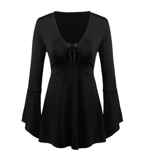 Women's Sexy V-Neck Pleated Front Long Bell Sleeve Blouse Tops - Black ...