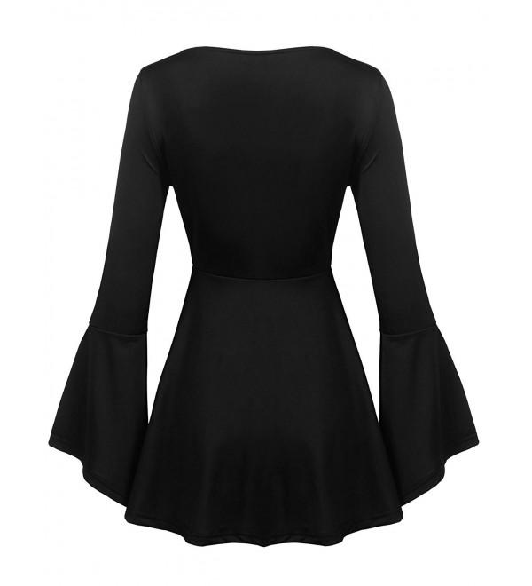 Women's Sexy V-Neck Pleated Front Long Bell Sleeve Blouse Tops - Black ...
