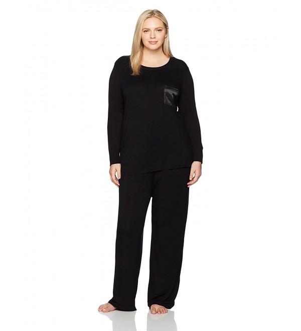 Women's Plus Size Long-Sleeve Jersey Pajamas With Satin Pocket - Black ...