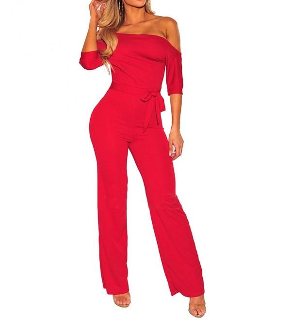 IyMoo Shoulder Drawstring Jumpsuit Red Large