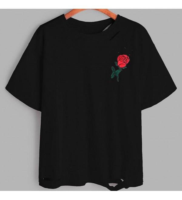 Women Summer Rose Embroidery Hole Blouse Short Sleeve T-Shirt - Black ...