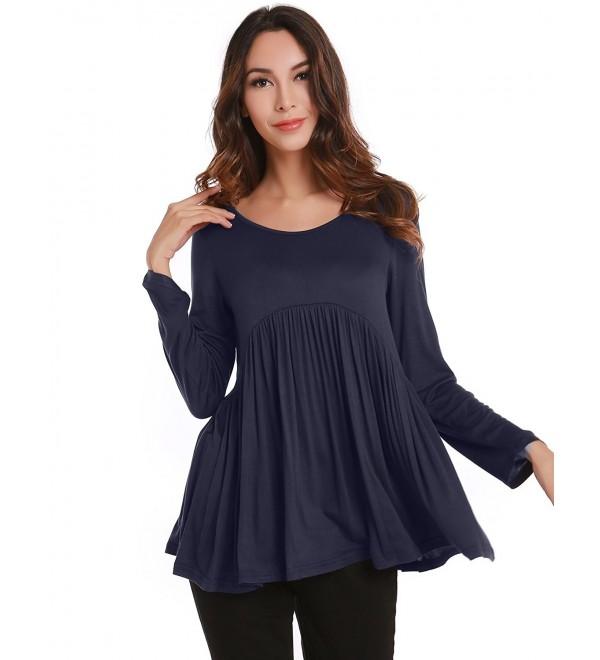Women's Navy Blue Draped Long Sleeves Tunic Tops - Blue - CT12O0DCYJE