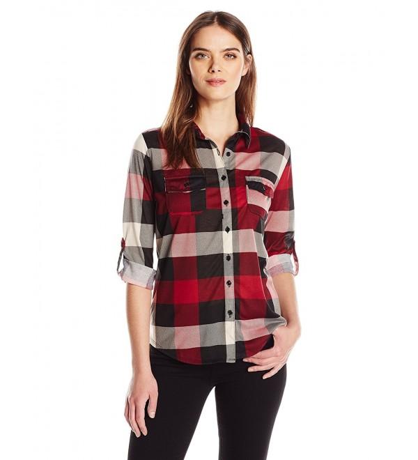 Women's Jersey Plaid Button up Soft Shirt - Maroon Red Combo - CU12N21TS39