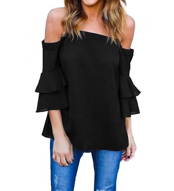 Women Blouse Off Shoulder 3/4 Flared Ruffled Flounce Sleeve Shirts ...