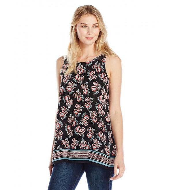 Lark & Ro Women's Sleeveless Crimped Blouse - Black/Coral Dual Peony ...