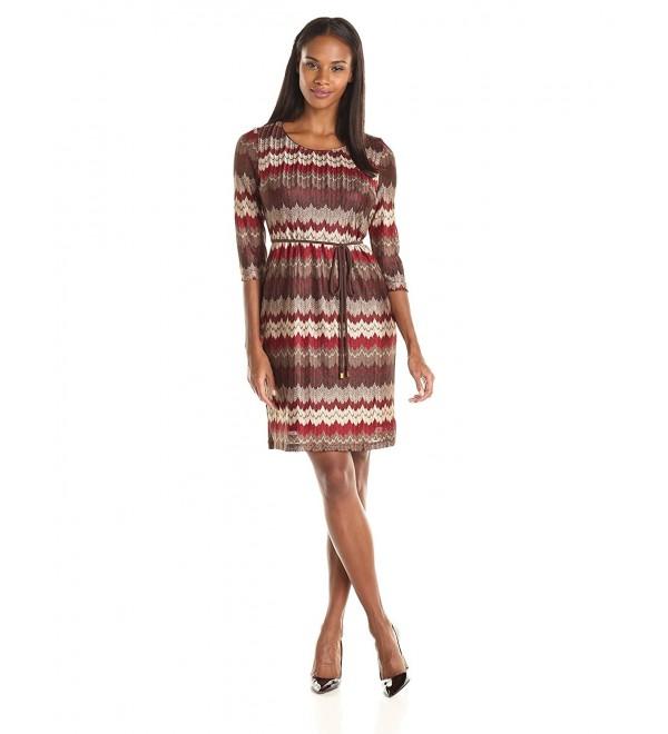 Women's Elbow Sleeve Zig Zag Printed Knit Dress With Tie - Neutral ...