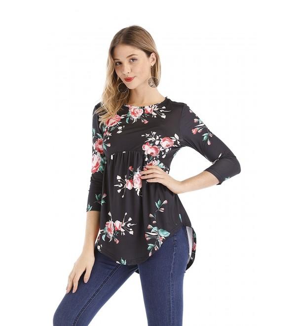 Women 3/4 Sleeve Black Floral Print Ruffle Detailed Peplum Tunic ...