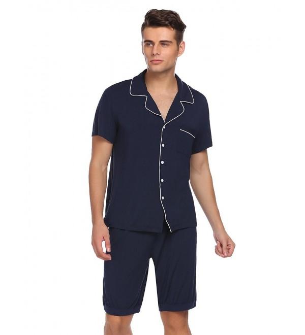 Mens Cotton Pajamas Short Button-Down Sleepwear PJ Set S-XXL - Navy ...