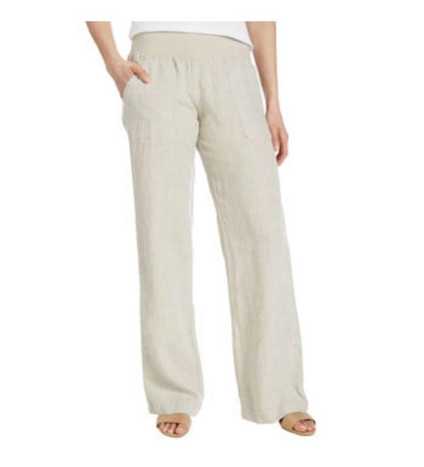 Ladies' Linen Pant- 100% Linen Elastic Waistband - Tan - C512O9TTHEA