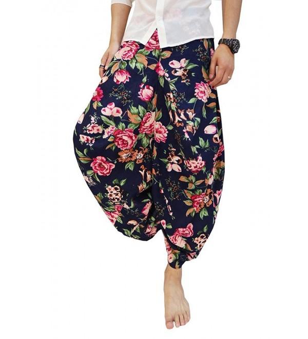 Men's Floral Stretchy Waist Casual Ankle Length Pants-Navy Blue-One ...