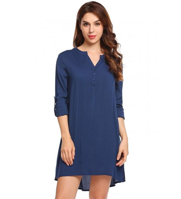 Women Cuffed Sleeve Notch Neck Button Henley Tunic Dress - Navy Blue ...