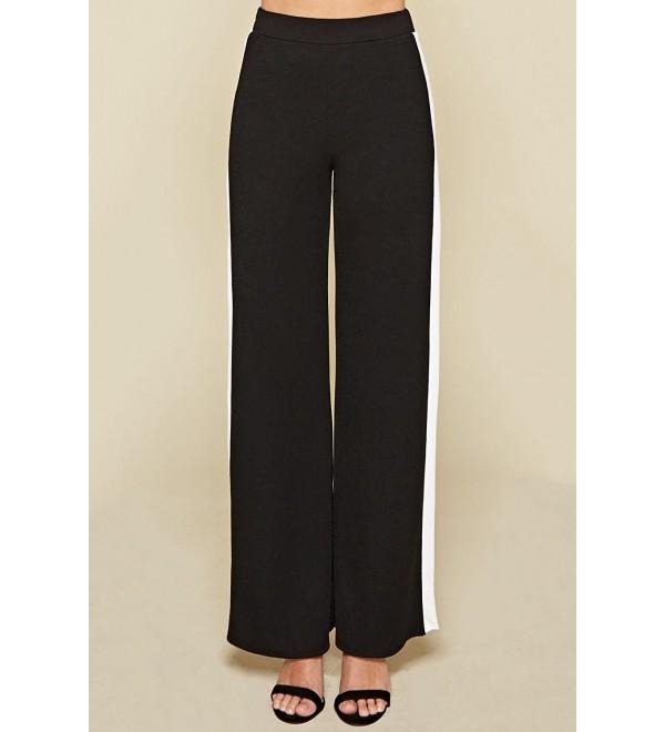 Women's Black and White Long Slit Casual Stretchy Wide Leg Pants ...
