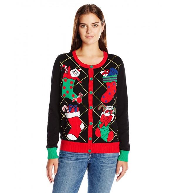 Ugly Christmas Sweater Women's Xmas Stockings Cardigan Sweater - Black ...