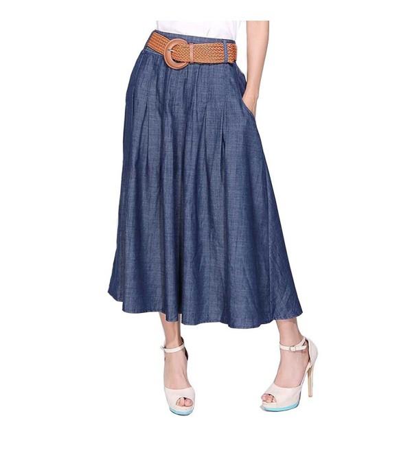 Women's Cotton Midi Calf Pleated Fall Thin Blue Denim Skirt With Belt ...