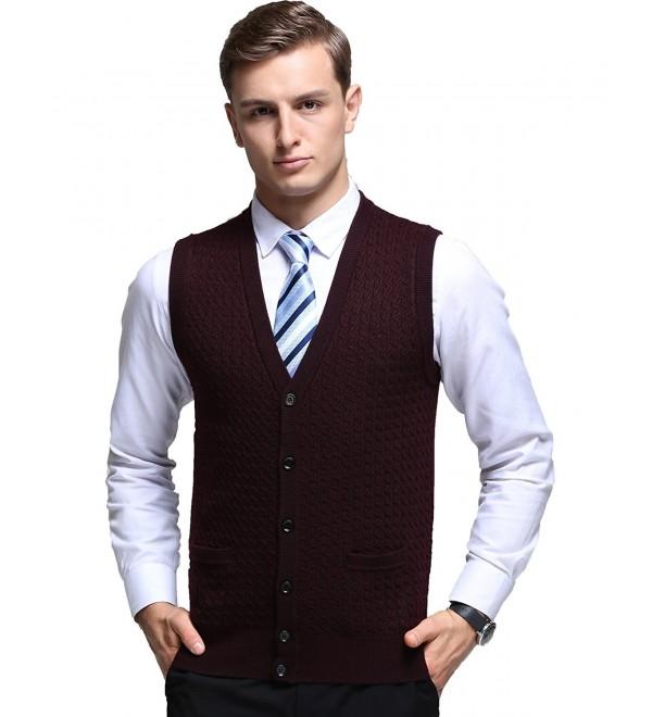 Mens Button-Front Cardigan Plain Sleeveless Sweater Vest Fine Knitwear ...