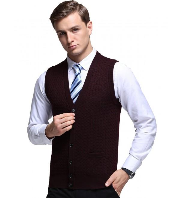 Mens Button-Front Cardigan Plain Sleeveless Sweater Vest Fine Knitwear ...
